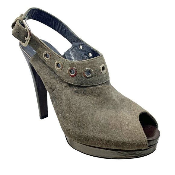 Stuart Weitzman Portside Gray Suede Grommet Platform Slingback Stiletto‎ - Picture 1 of 12
